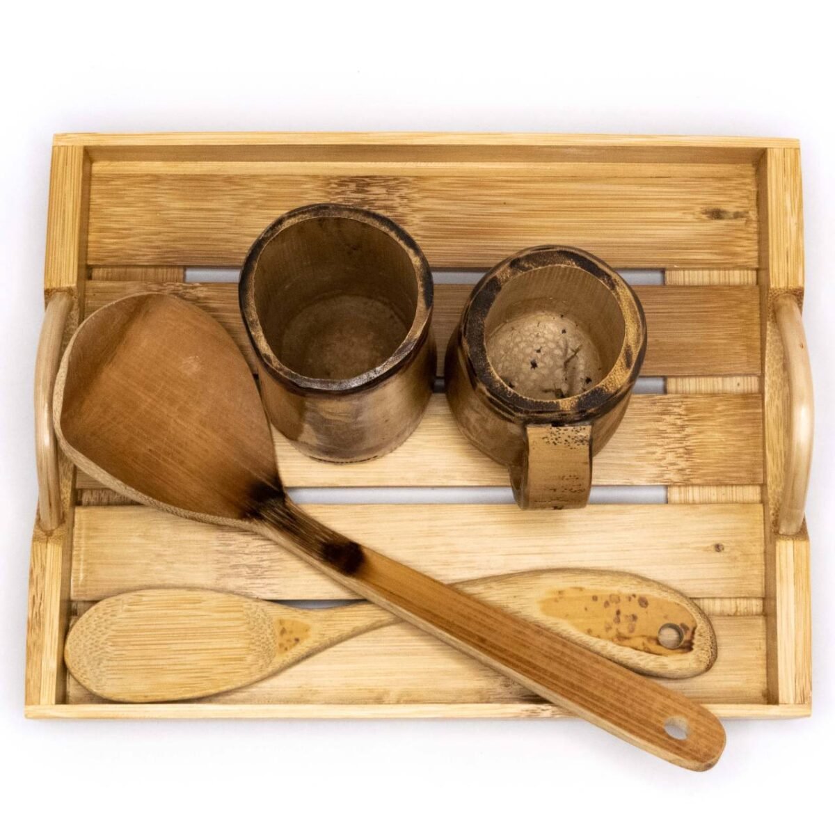 Bamboo wood serving tray stripe with handles - Image 3