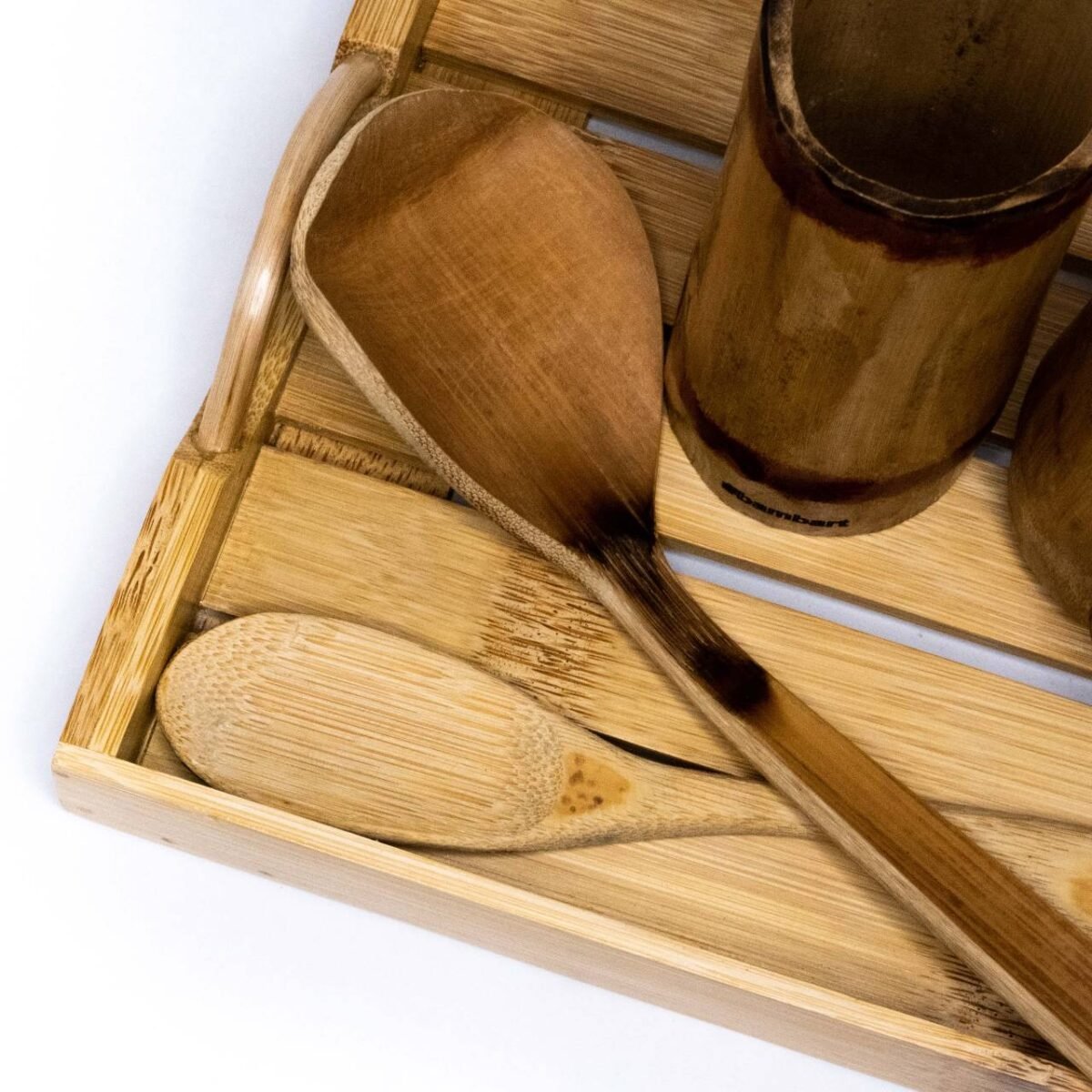 Bamboo wood serving tray stripe with handles - Image 4